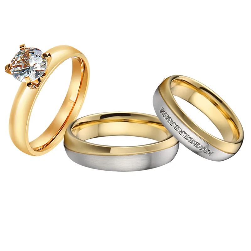 

Оптовая продажа, 3 шт., ювелирные изделия из нержавеющей стали с покрытием из 18-каратного золота, кольцо с фианитами и бриллиантами, свадебно...