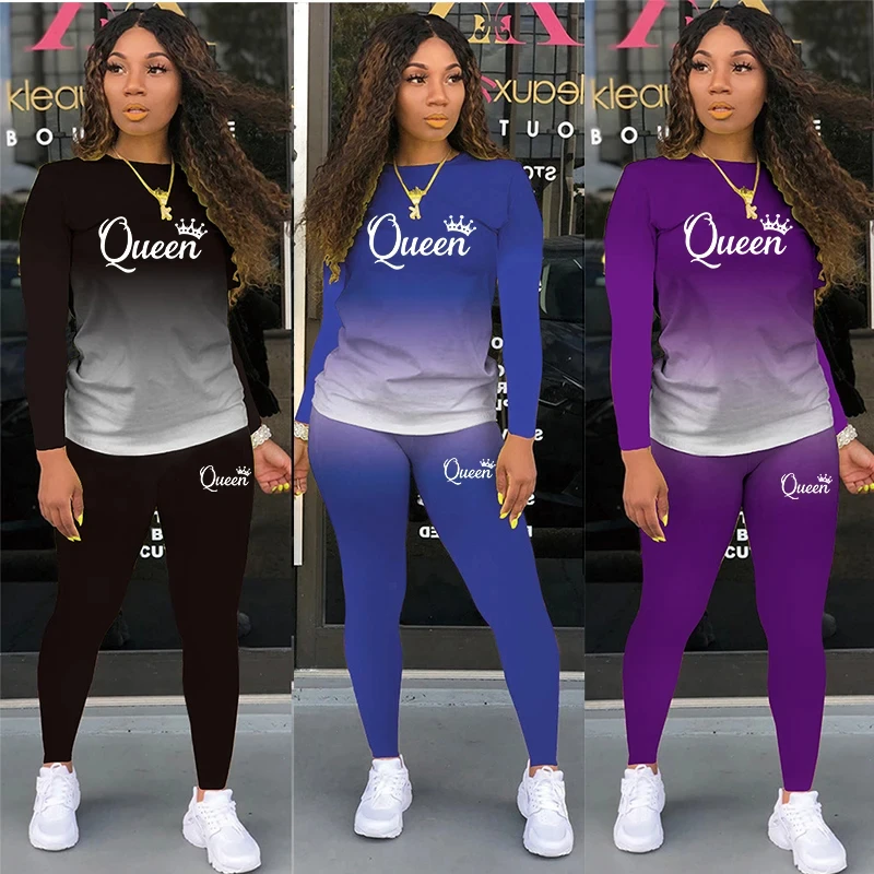 

Two Piece Set Women Queen Printed Tracksuit Long Sleeve O-Neck T-Shirt+ Pants Female Slim Fit Yoga Fitness Outfits Sportswear