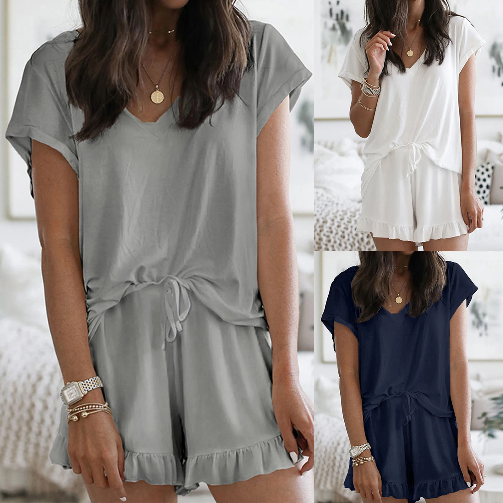 

Loose Casual Two Piece Set for Women Solid Color Short Sleeve Top Ruffled Shorts Suits Temperament Simple Sleepwear Suit