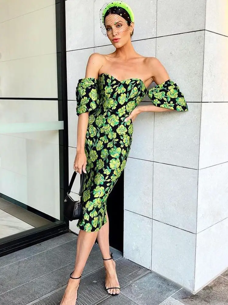 

2022 Autumn New Women'S Sexy Off-The-Shoulder Short-Sleeved Printed Bodycon Celebrity Party Cocktail Evening Midi Dress