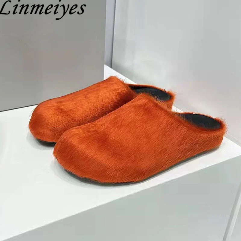 

Horsehair Slippers Women Fashion Round Toe Slides Woman Fur Mules Runway Shoes Women Flat Modern Slippers Woman Zapatillas Mujer