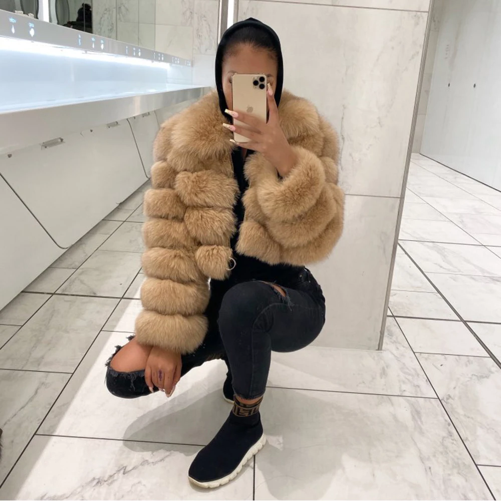 Women's Real Fox Fur Short Jacket Winter Warm Thick Coat Fluffy Full Sleeve Soft Overcoat High Quality Fur Stand Collar Clothing
