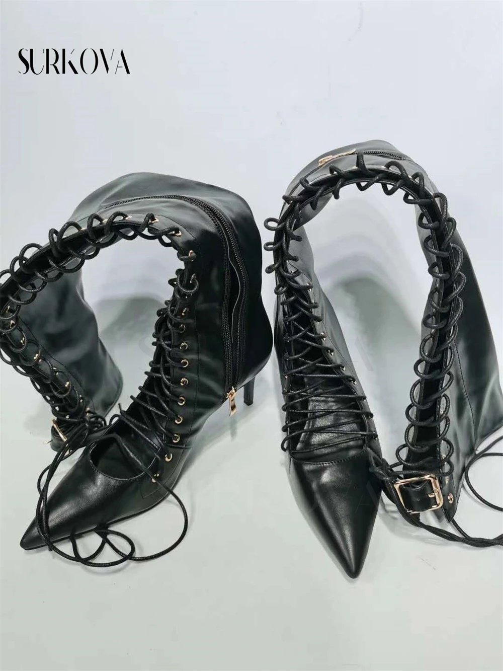 Sexy Women Boots Cross Lace Over The Knee Boots Sexy Point Toe Women Boots High Heel for Ladies Genuine Leather Motorcycle Boots