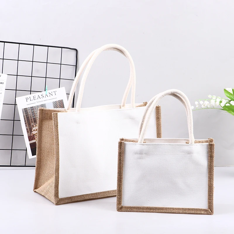 

Reuseable Burlap Jute Tote Shopping Bag with Sturdy Handle Women Casual Large Capacity Travel Beach Storage Organizer Handbag