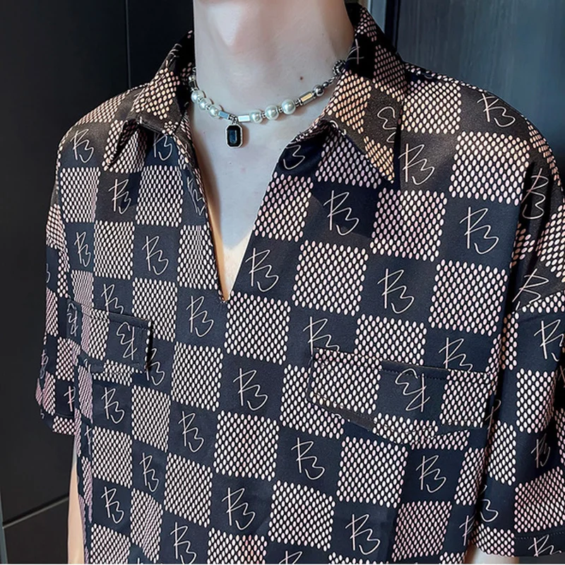Brand Plaid Shirts Men 2022 Summer Half Sleeve Loose Casual Pullover Fashion V Neck Business Shirt Social Party Tuxedo Blouse