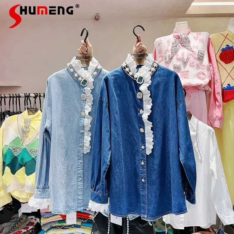 

Женская джинсовая рубашка на пуговицах, модная однотонная Свободная блузка в европейском стиле на раннюю весну, 2022