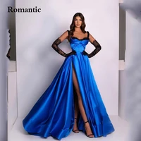 romantic blue silk satin evening dress sexy side high silt spaghetti strap lace sleeves long dubai prom gowns for party invite