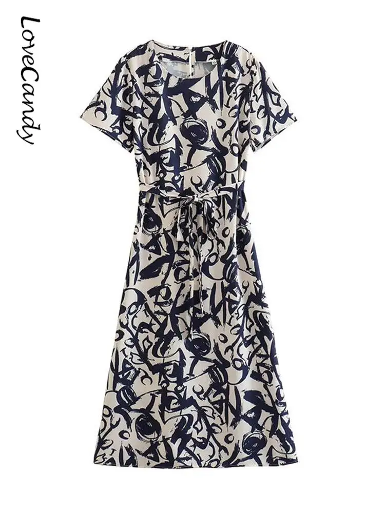 

2023 Summer Vintage Printed Pleated Waistband Dress Fashion O Neck Short Sleeve Vestidos Elegant Casual Comfortable Lady Frock