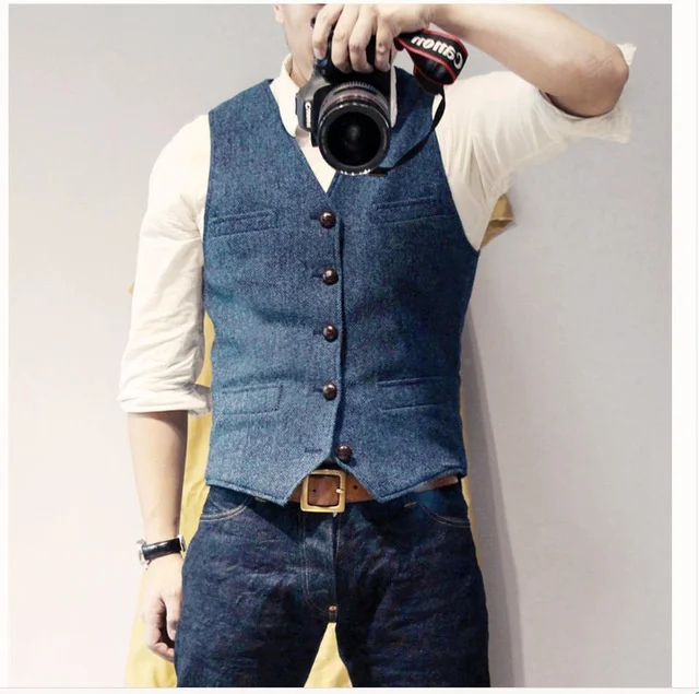 

Men's Suit Vest Blue Sinle Breasted Woolen Blended Mens Vest Denim Jeans Waistcoat Jacket Slim Fit Casual Formal Business