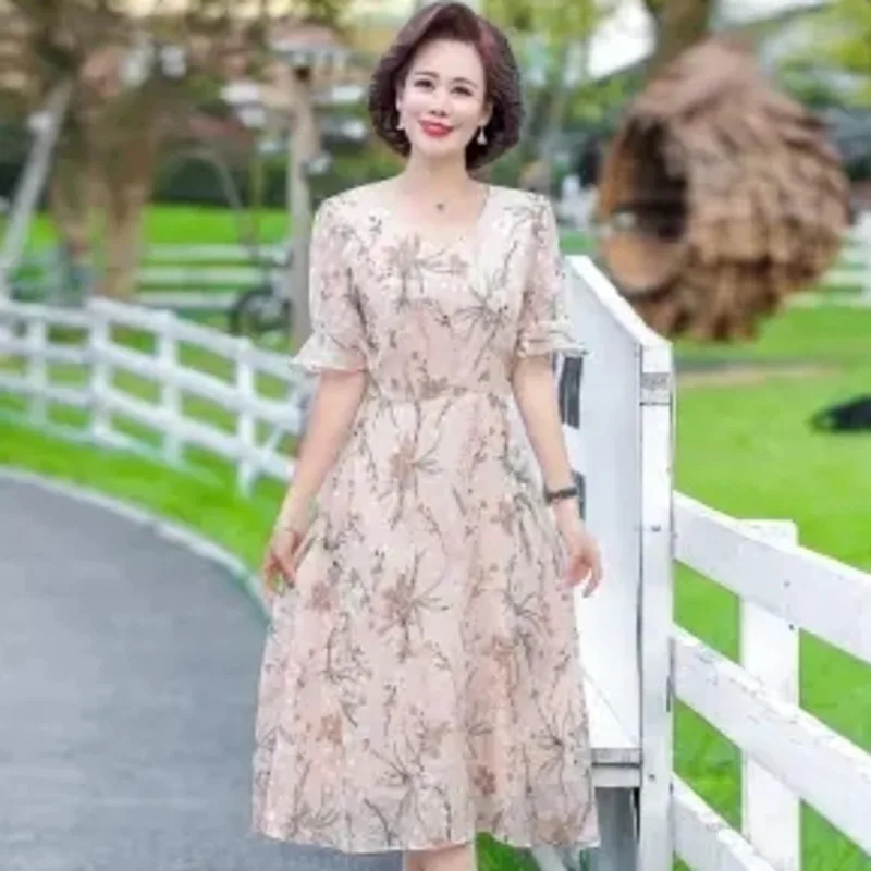 

Women's Chiffon Dress Temperament Summer Fashion Western Style Retro Print Pink Dresses Size Loose XL-5XL High Quality Elegant