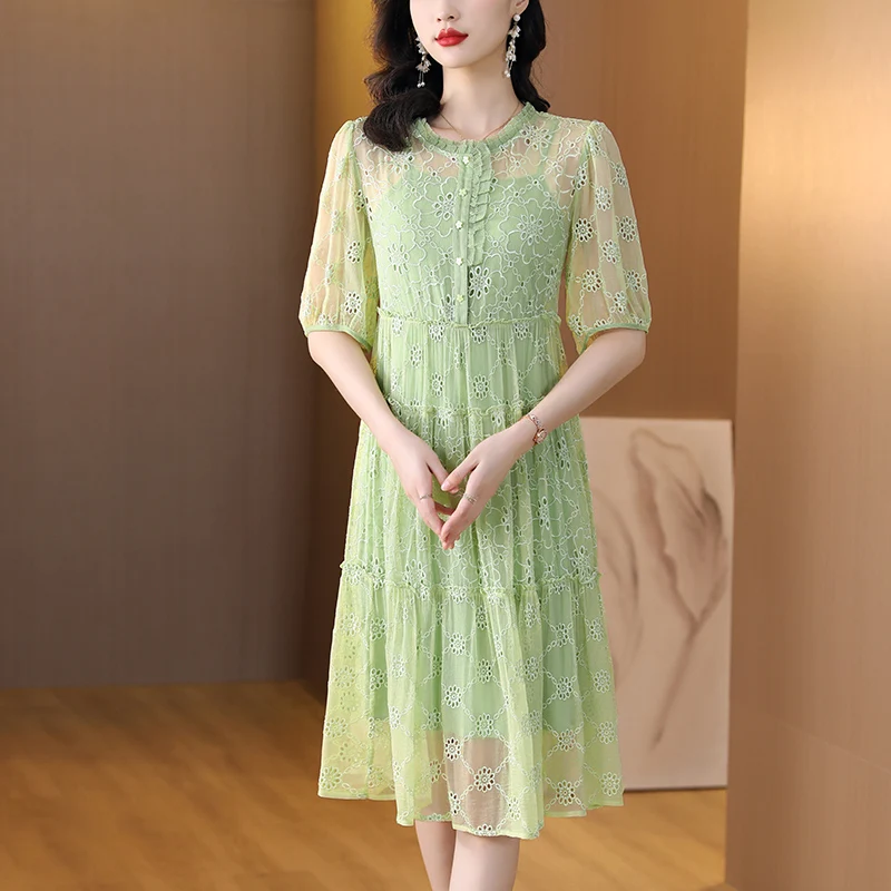 

Женское винтажное шелковое платье с круглым вырезом, элегантное роскошное свободное Повседневное платье для отпуска с рукавом 5/4, лето