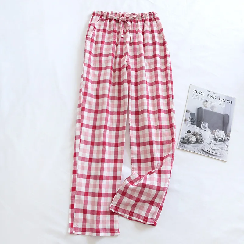 Fdfklak Couple Pajamas Trousers Cotton Gauze Spring Autumn Summer Thin Plaid Home Pants Loose Sleepwear Women And Men Pant