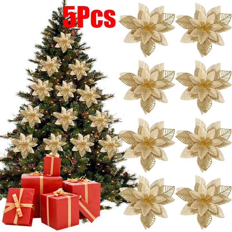 

5pcs Christmas Glitter Poinsettia Flower Artificial Floral DIY Garlands Xmas Tree Ornaments Wedding Party New Year Decorations