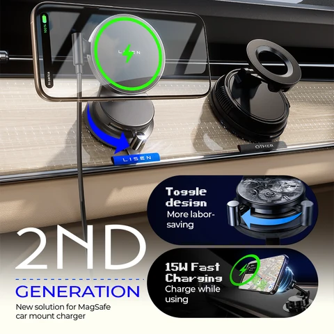 LISEN [Pro с функцией зарядки] Автомобильное зарядное устройство Magsafe 15 Вт на присоске для телефона для 17 IPhone 16 15 14 13 12 Pro Max Plus