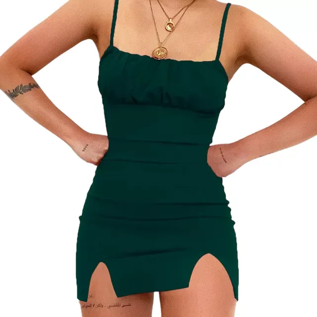 

2022New Sleeveless Double Split Dress Fashion Summer Solid Color Spaghetti Strap Mini Bodycon Dress Chic Ladies Pleated Sundress