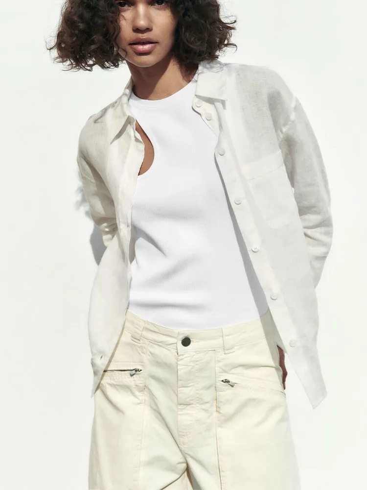 

2023 summer new women's clothing high-quality commuting all-match basic style long-sleeved shirt with linen lapel pockets