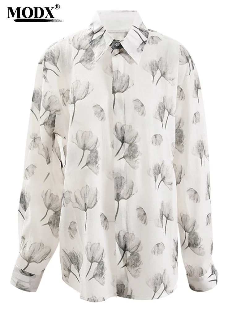 [modx] Оранжевая тонкая блузка большого размера с принтом женская новая рубашка