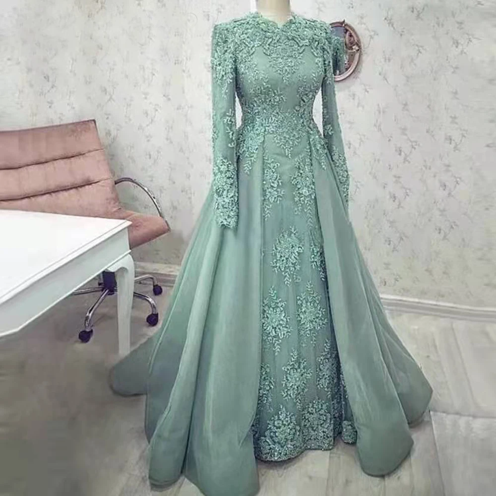 

Saudi Arabia Blue Lace Applique Prom Dress Full Sleeves Overskirt Evening Gown A-line Tulle Vestido De Festa For Elegant Woman