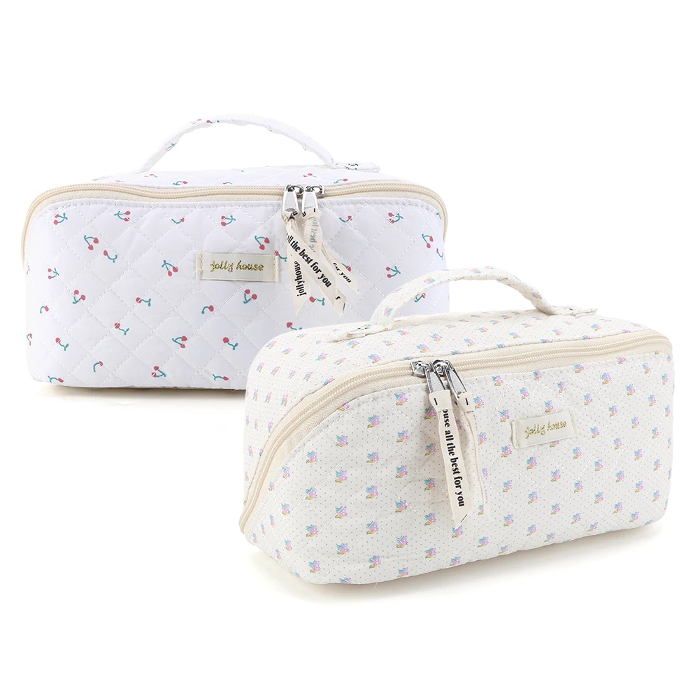 

Cotton Travel Cosmetic Bag Large Capacity Cherry/Floral Cute Makeup Bag with Zipper Handle for Women Girls for Makeup Brushes