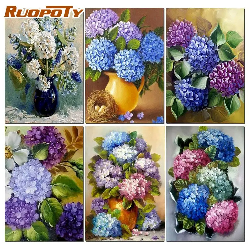 

RUOPOTY New Arrival Paint By Numbers Blue Hydrangea Acrylic Paints Painting By Number Flower Painting Modern Wall Decor