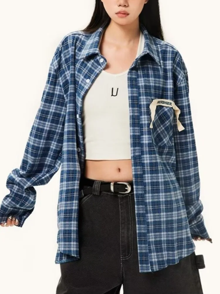 Женские рубашки в клетку с американскими карманами нишевой дизайн весна-осень