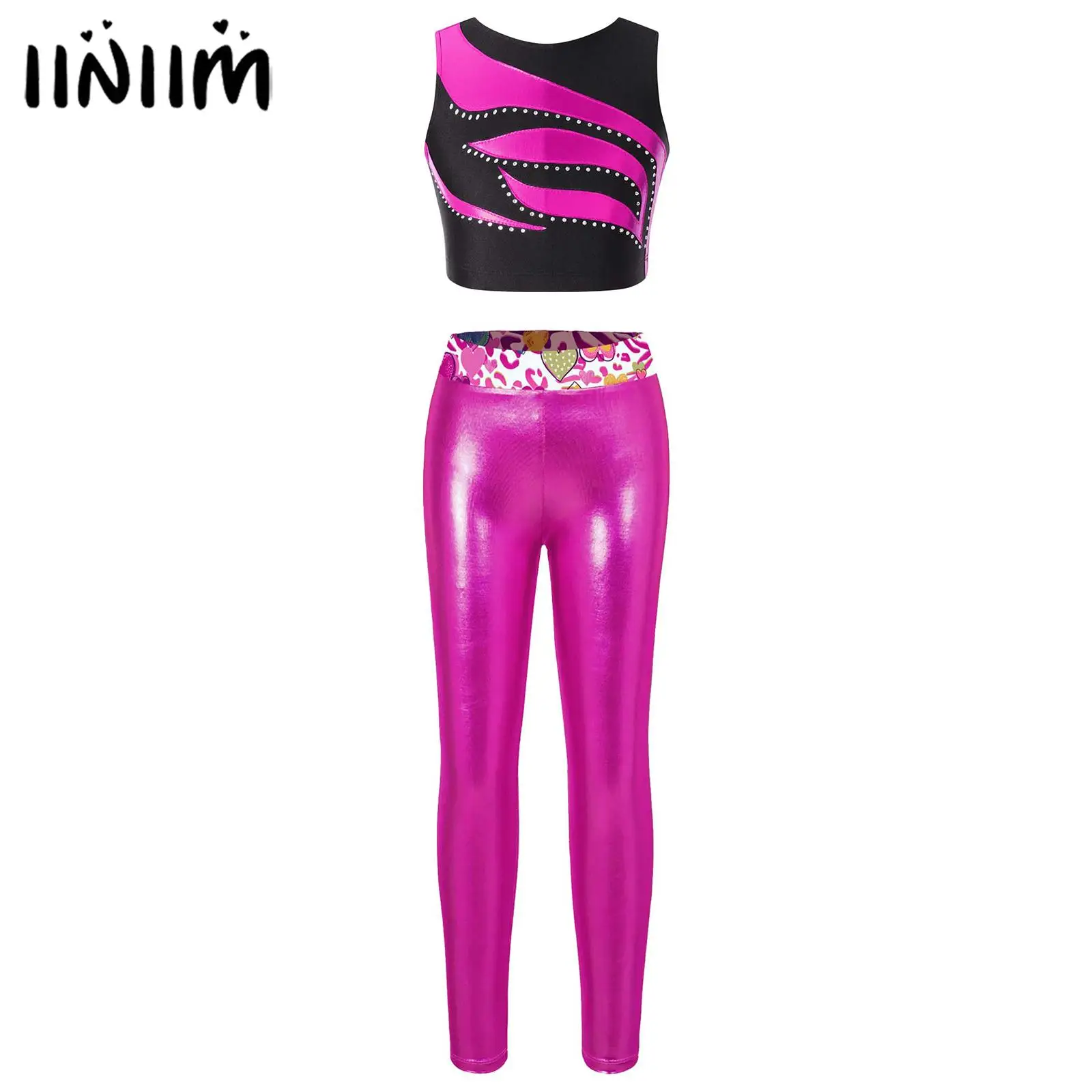 

Детские гимнастические балетные танцевальные костюмы для девочек с круглым вырезом Блестящий женский короткий топ с принтом металлические леггинсы