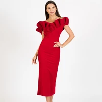 off shoulder red dress for women elegant mid calf bodycon dress long satin dress ruffles woman clothing open back zipper gown