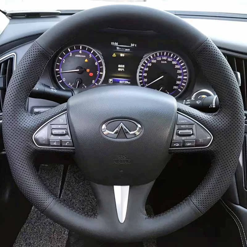 

Черная крышка рулевого колеса из искусственной кожи Ручная крышка рулевого колеса автомобиля для Infiniti Q50 2014 2015 QX50 2015