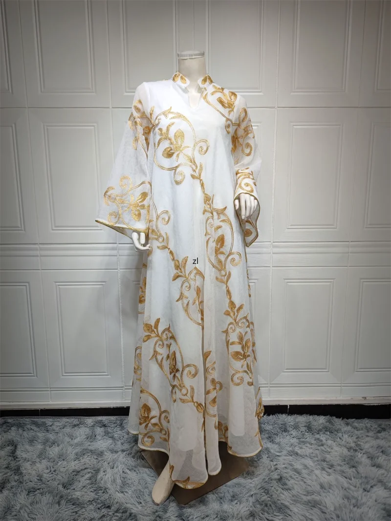 Muslim Woman Abaya Turkey New 2023 Floral Mesh Embroidery Belted Kaftan Big Hem Dress Ramadan Jalabiya