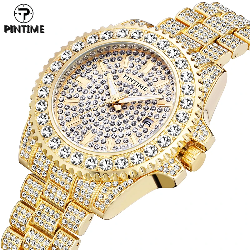 

PINTIME Quartz Watch for Men Luxury Full Diamond Hip Hop Rose Gold Golden Watch Mens Wrist Watch Clock Male Calendar Wristwatch