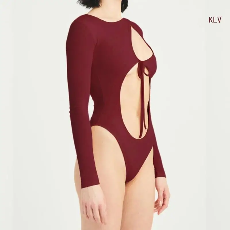 

Womens Round Neck Long Sleeve Tops Basic Bodysuit Jumpsuit Summer Hollow Out Lace Up Skinny Bodysuits