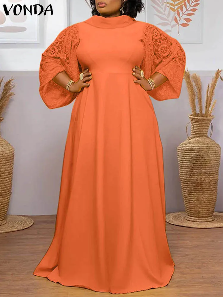 

Богемный кружевной сарафан VONDA 2023, элегантные женские повседневные Макси-платья с длинным рукавом и воротником-стойкой, Свободный женский сарафан большого размера