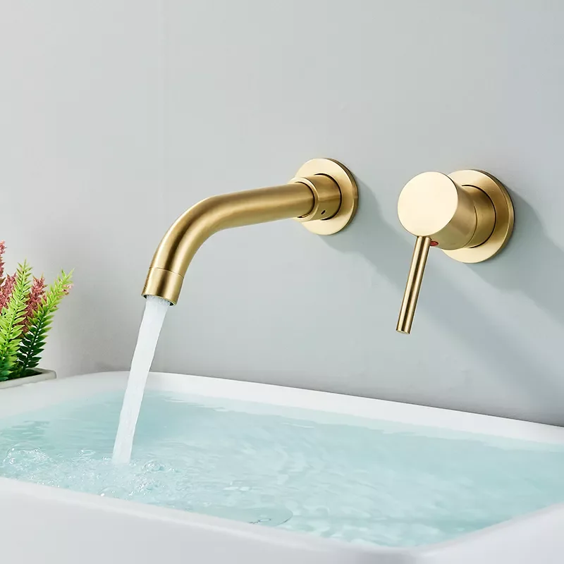 

Brushed Gold Basin Faucet Concealed Wall Mounted Faucet Tap 360 Rotation Single Handle Hot Cold Water Bath Mixer Tap