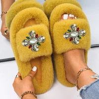 luxury women sandals platform flip flops fluffy slippers colorful gemstone pearl crystal faux fur slides indoor flat shoes