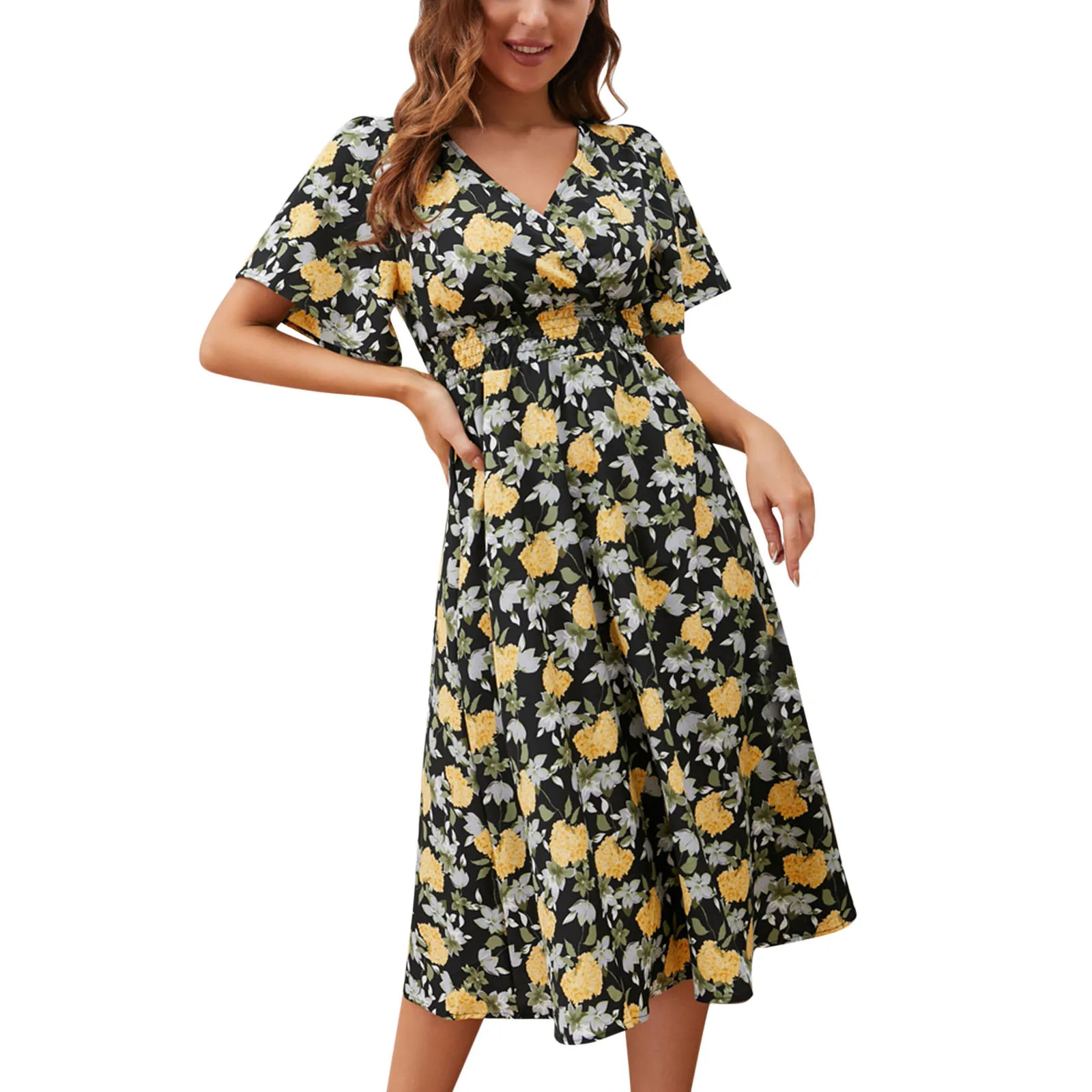 

Women's flower summer Casual Floral Print Bohemian V-Neck A-Line Printed girl Short Sleeve Dress Cotton v-neck summer Vestidos