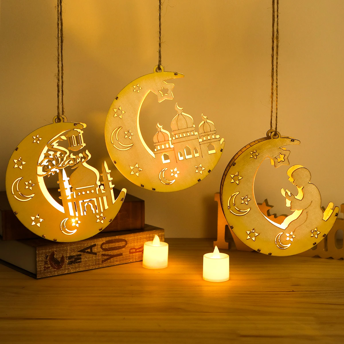 

Eid Mubarak Wooden Moon Hanging Pendant Lights Light Ramadan Decoration For Home EID Light Islamic Decorative Holiday Lighting