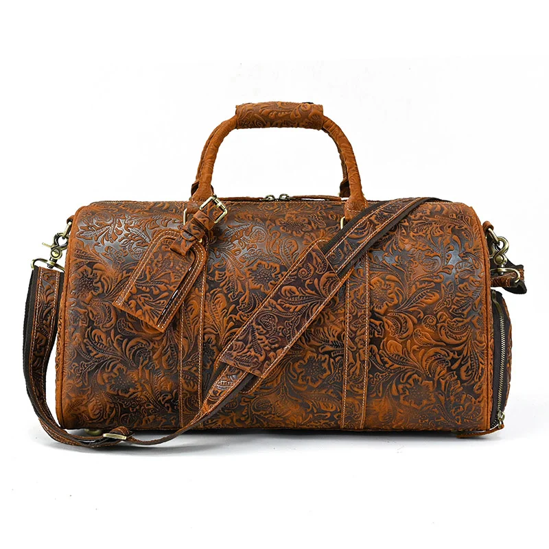 Genuine 52cm Vintage bag for Men Crazy Horse Leather Travel Duffle Large Shoulder Cowhide Weekend Bag