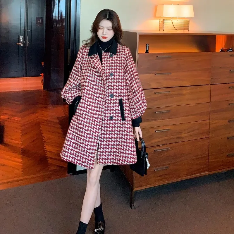 

Autumn Winter Blazer Woolen Coat For Women Fashion Elegant Single Breasted Houndstooth Tweed Office Work Jacket Loose Overcoat