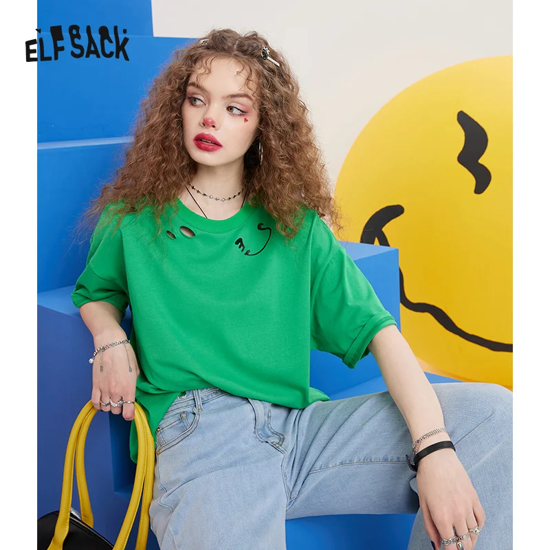 

ELFSACK Green Smiley Short Sleeve T-Shirt Women,2022 Spring Vintage Half Sleeve Korean Female Basic Daily Tops