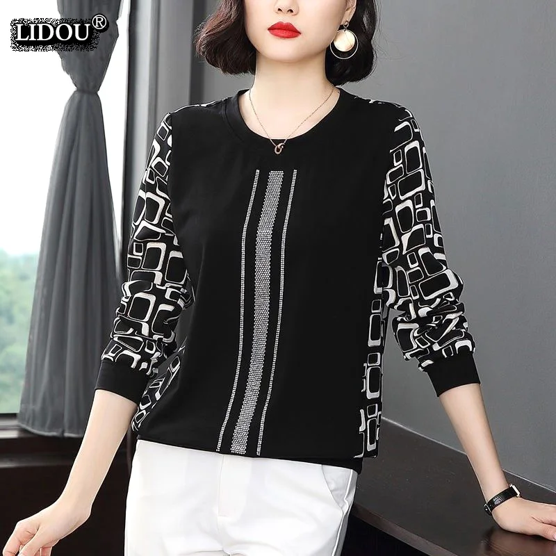 

Print Patchwork O-neck Long Sleeved Skinny T-shirt Top Fashion Casual Elegant Popularity Wild Spring Autumn New Women's Clothing