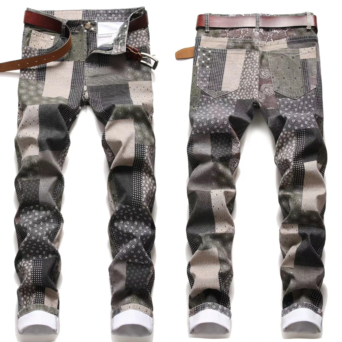 Seasonal Patchwork Jeans Men's Embroidered Letter Arrangement Slim Fitting Cotton Elastic Plaid Lining Luxurious High Street 024