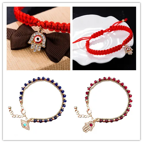 

Hot Fashion Lucky Red Rope String Thread Bracelets Resin Blue Turkish Evil Eyes Palm Pendant Couples Bracelets Wholesale Gifts