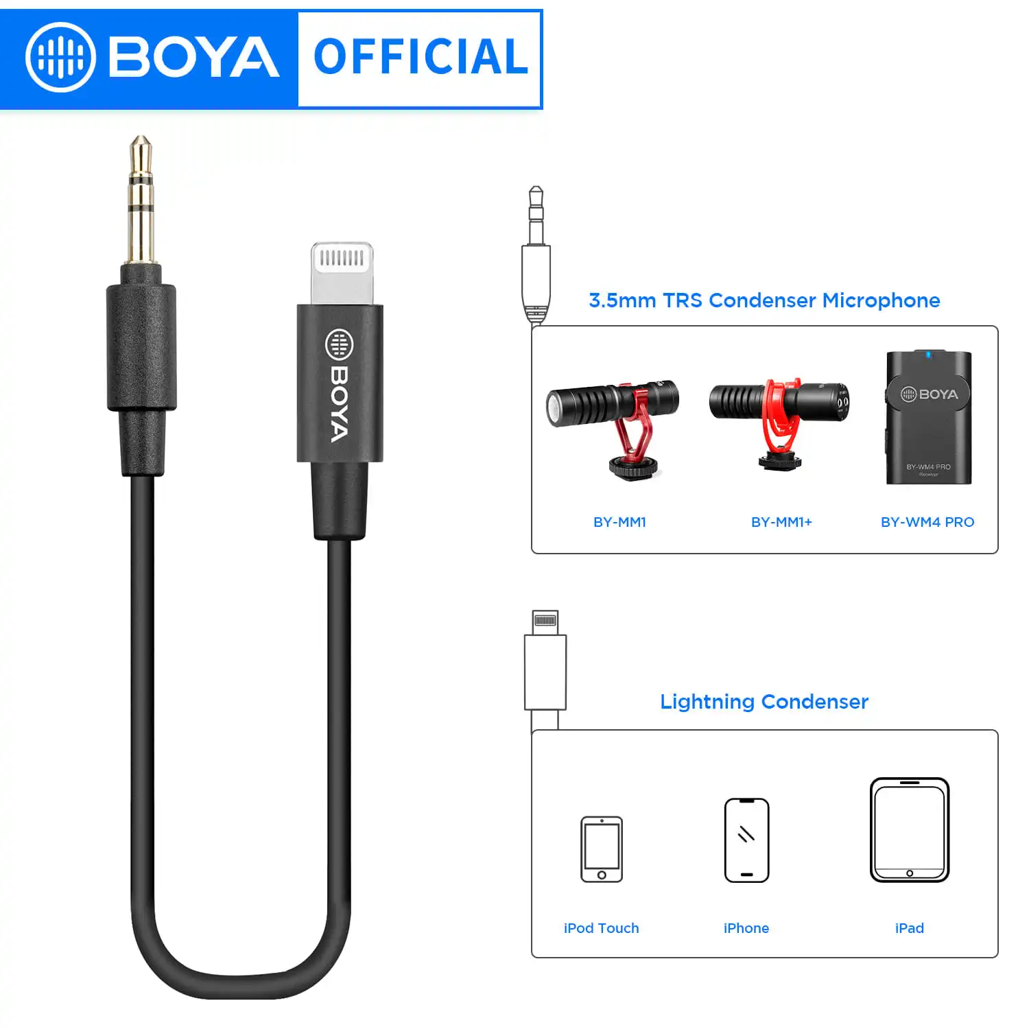 BOYA BY-K1 3.5mmTRS (Male) to Lightning (Female) MFi Certified Wireless Microphone Adapter for iPhone iOS Devices Connected 6cm
