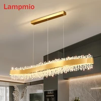 luxury full copper crystal pendant light for dining room long bar wire hanglamp golden supension led lustres home lighting