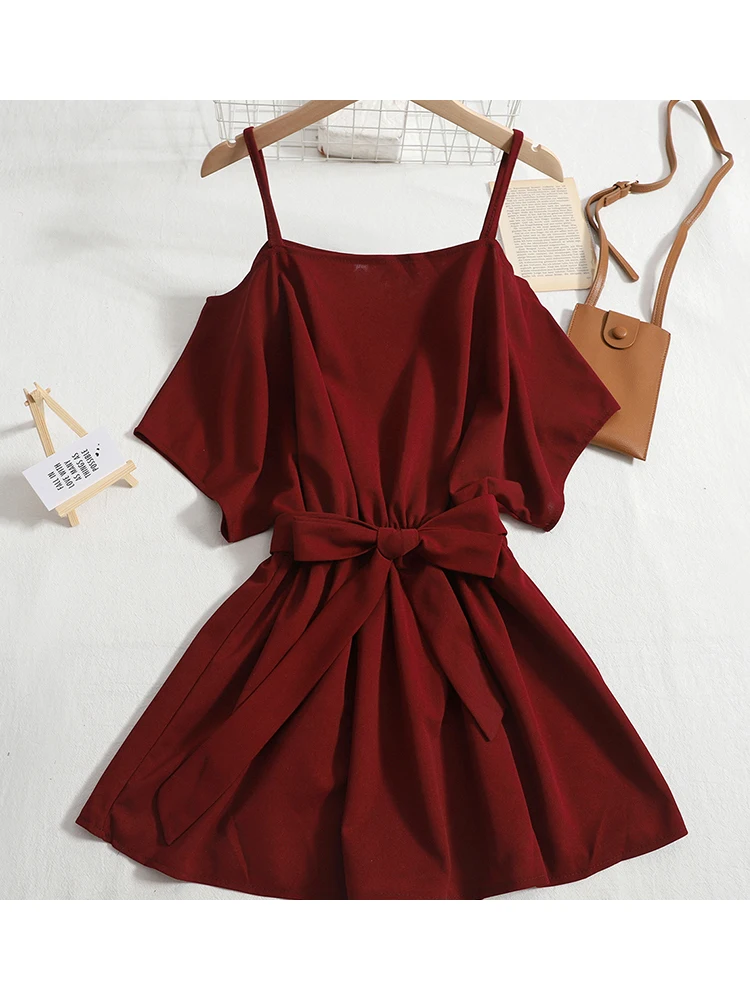 

ELLIEXI Women Bowneck Strapy Dress A-Line MIDI Dress Elegant Holiday Dress Bat Sleeve Dress For Women 2022 Summer