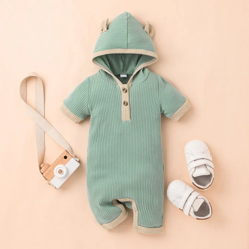 

ETOSELL Short Sleeve Newborn Baby Clothes Infant Baby Boys Girls Ribbed Romper Lovely Cartoon Bear Hooded Bodysuit 0-12M