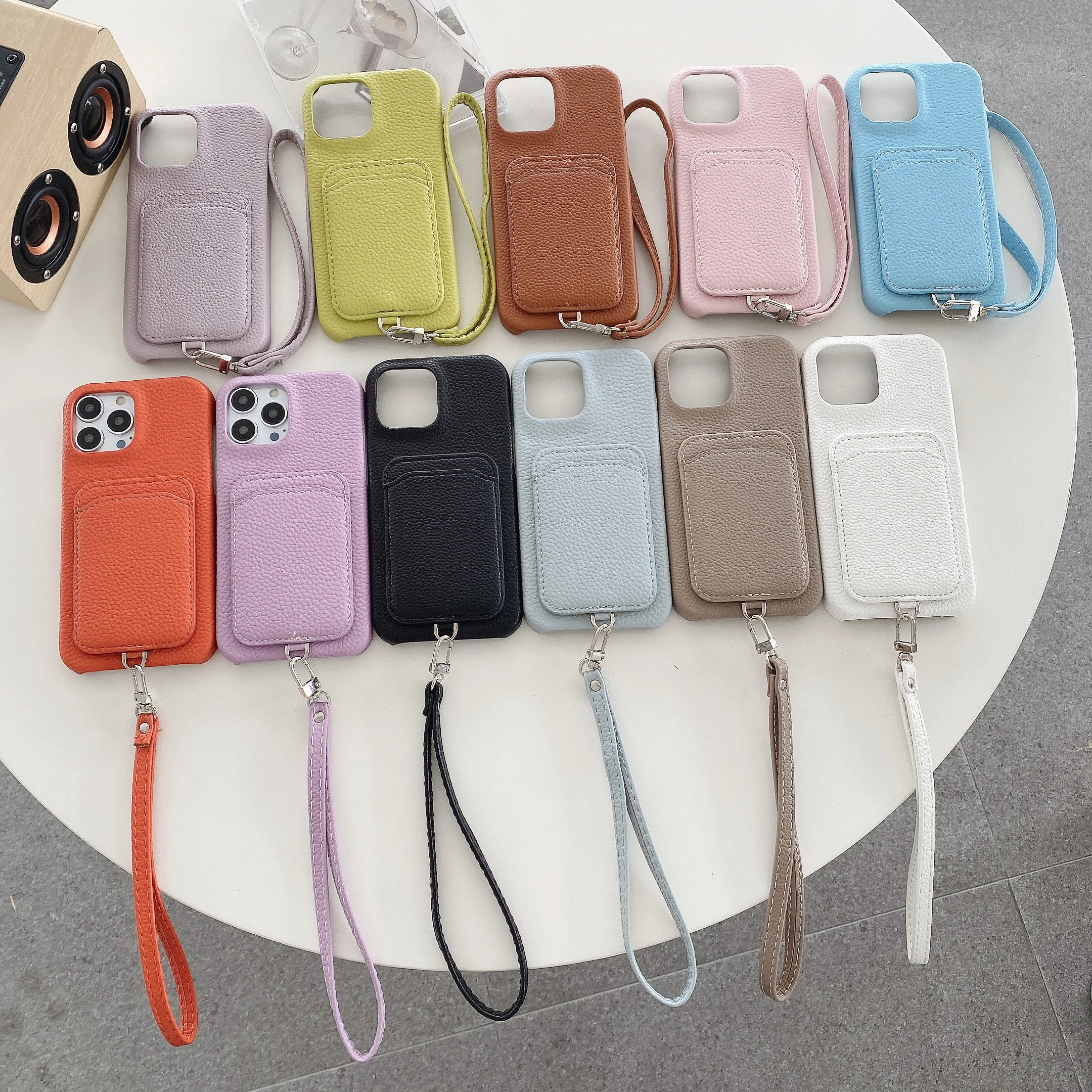 

Litchi Leather Card Slot Holder Wallet Case For iPhone 14 Pro Max 13 12 11 XR XS X 8 7 Plus Luxury Hard Phone Cover Wrist Strap