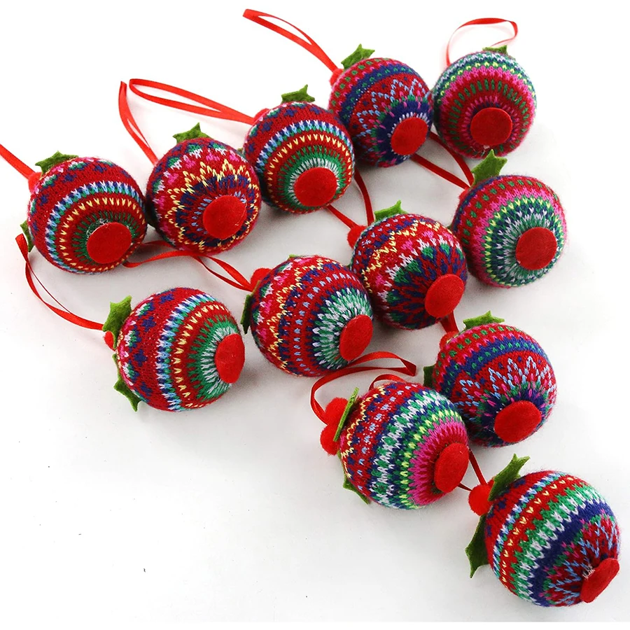 

12 PCS Knitted Sweater Christmas Balls Tree Hanging Ornaments Party Supplies Family Decoration for Home Colorful Xmas Balls