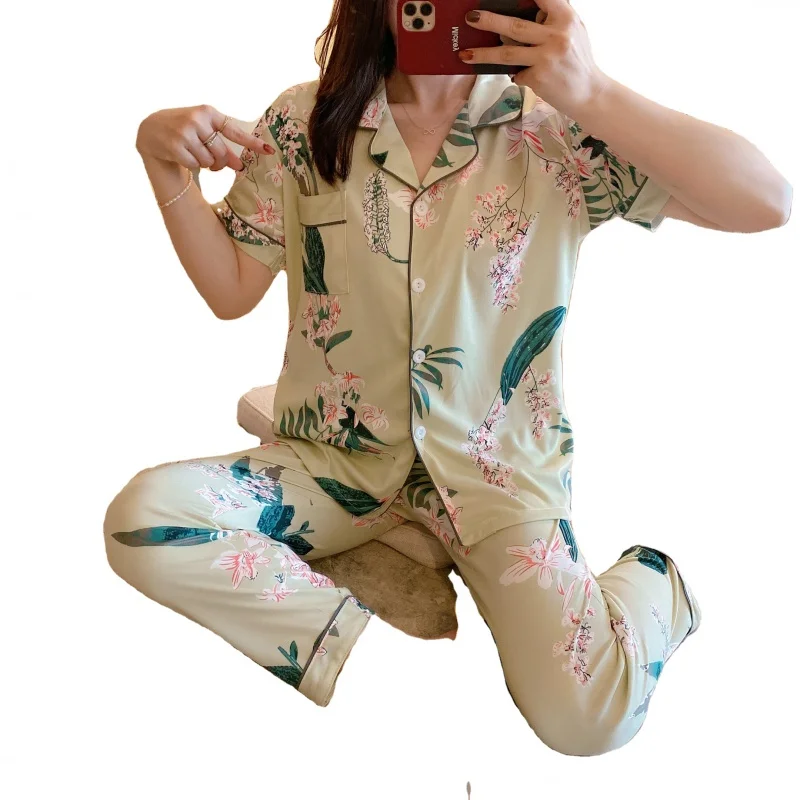 

Женская летняя Пижама с коротким рукавом и брюками, комплект из 2 предметов, тонкая Свободная Домашняя одежда, пижама, Женская Повседневная ...
