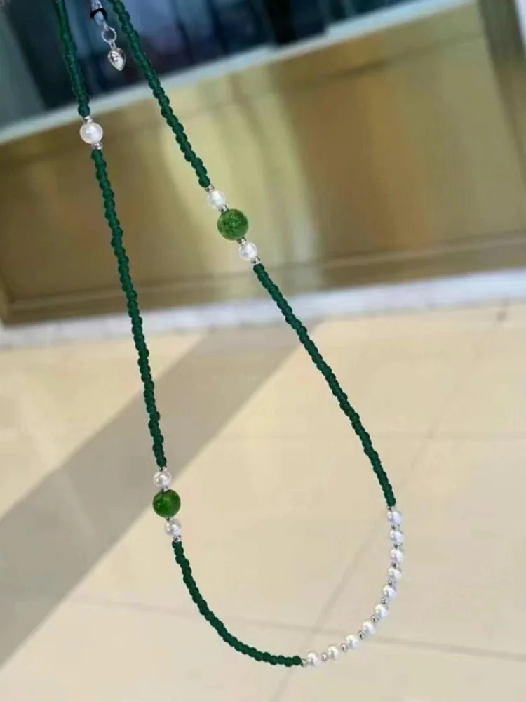 Новое китайское ожерелье с зеленым камнем белым натуральным водным жемчугом
